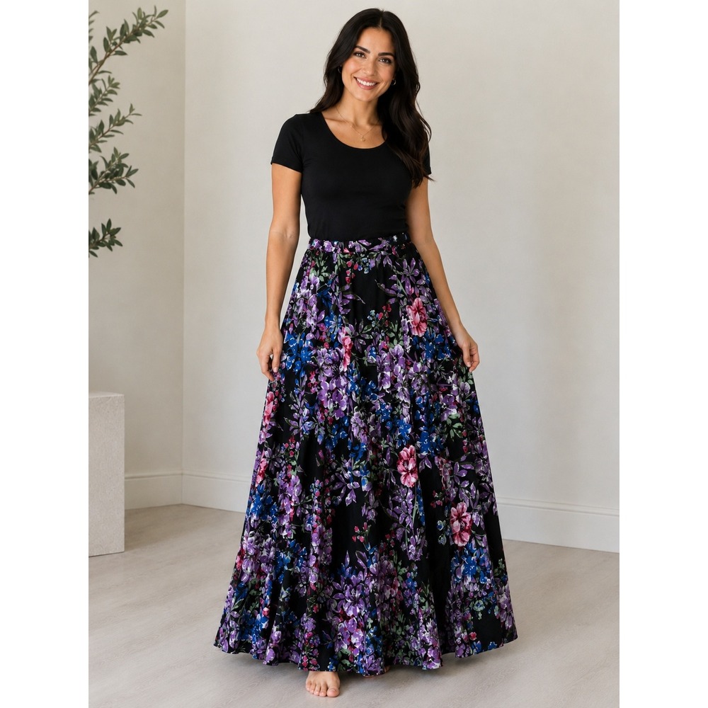 Cupio Size M Black Floral Full Maxi Skirt Whimsigoth Boho Cottagecore